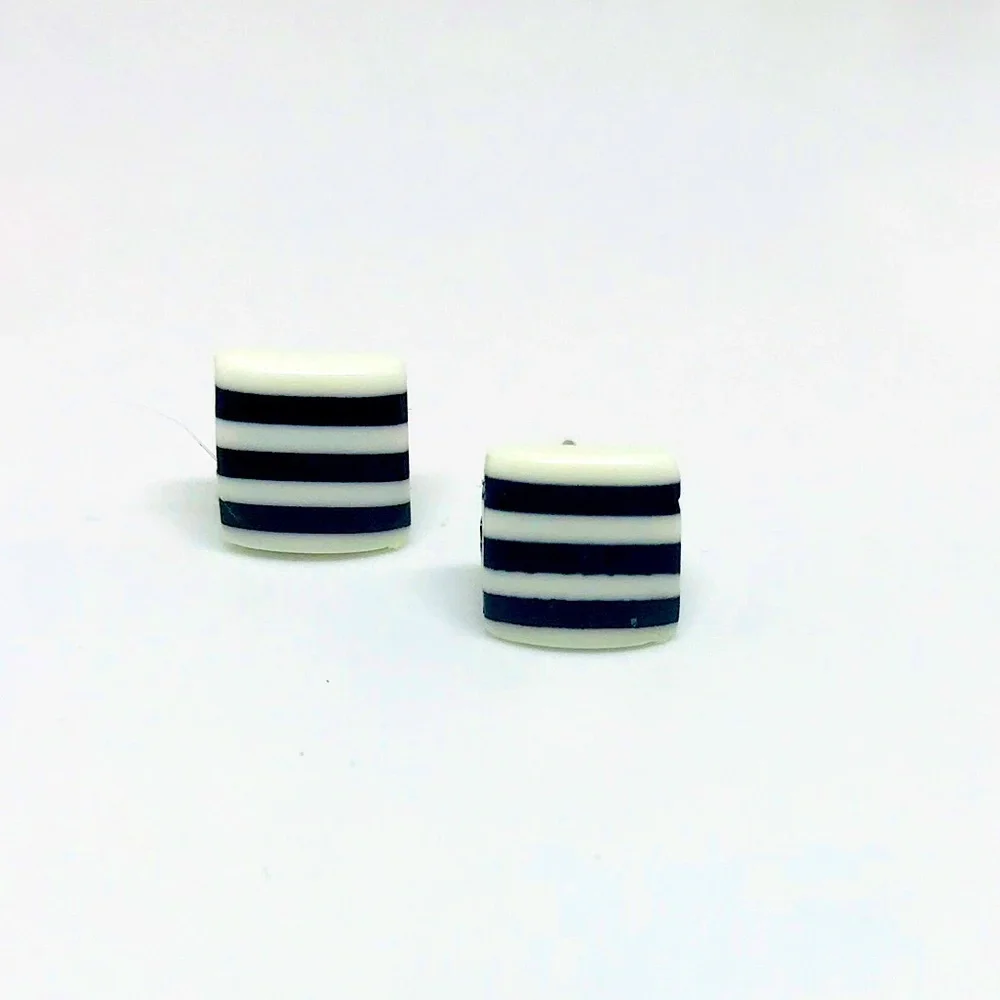 Black & White Minimalist Repurposed Vintage Striped Bead Stud Earrings